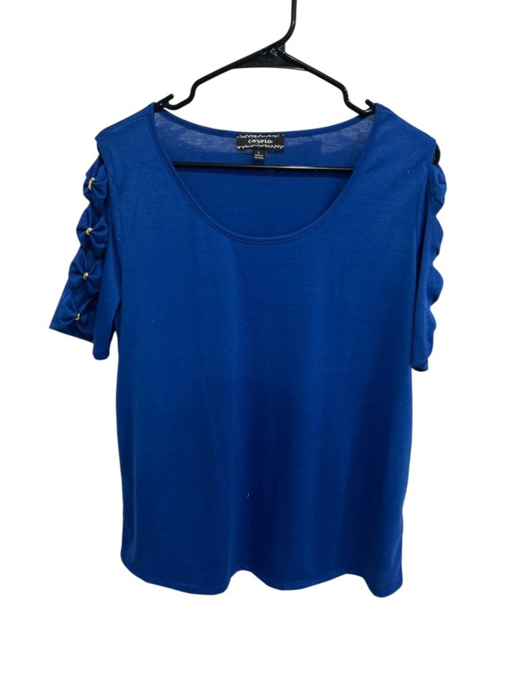 Corvia Large Blue Top Gold Accent Sleeves Lightweight Stretch Minimalist Modern